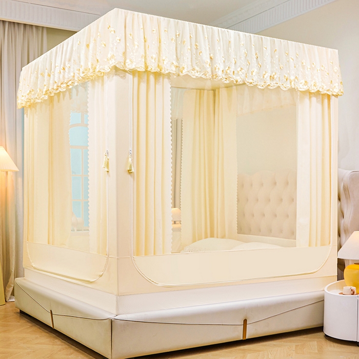 91家纺网 家纺一手货源 找家纺 艾晶美家纺有限公司 2025新款坐式刺绣床帘蚊帐 奶黄色