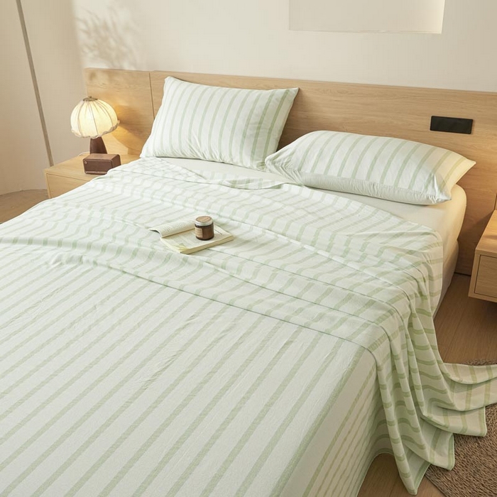 91家纺网 家纺一手货源 找家纺 ab家纺 2025新款简约色织水洗棉床单 平行线-绿