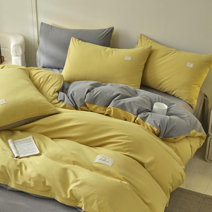 91家纺网 家纺一手货源 找家纺 ab家纺 2025新款色织全棉40支水洗棉四件套--双拼第二组 姜黄深灰