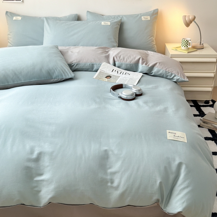 91家纺网 家纺一手货源 找家纺 曼之夏 2025新款全棉双拼四件套 贴标-水兰+米灰