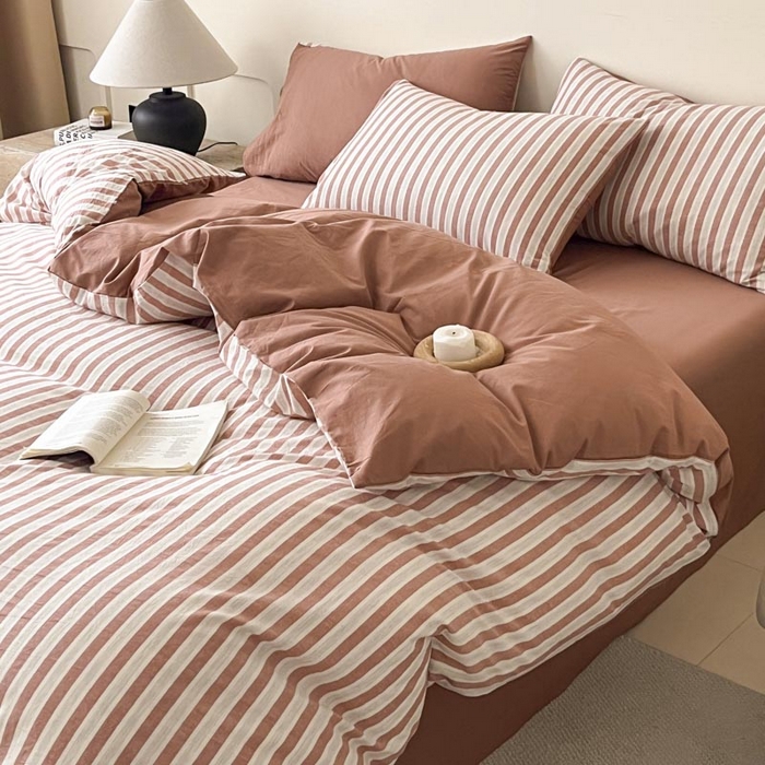 91家纺网 家纺一手货源 找家纺 ab家纺 2024新款色织全棉40支水洗棉条纹四件套  天竺棉 番茄红