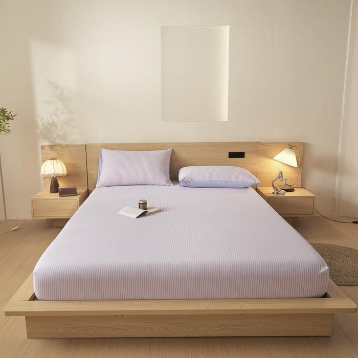 91家纺网 家纺一手货源 找家纺 ab家纺 2025新款简约色织水洗棉床笠 余晖-粉蓝