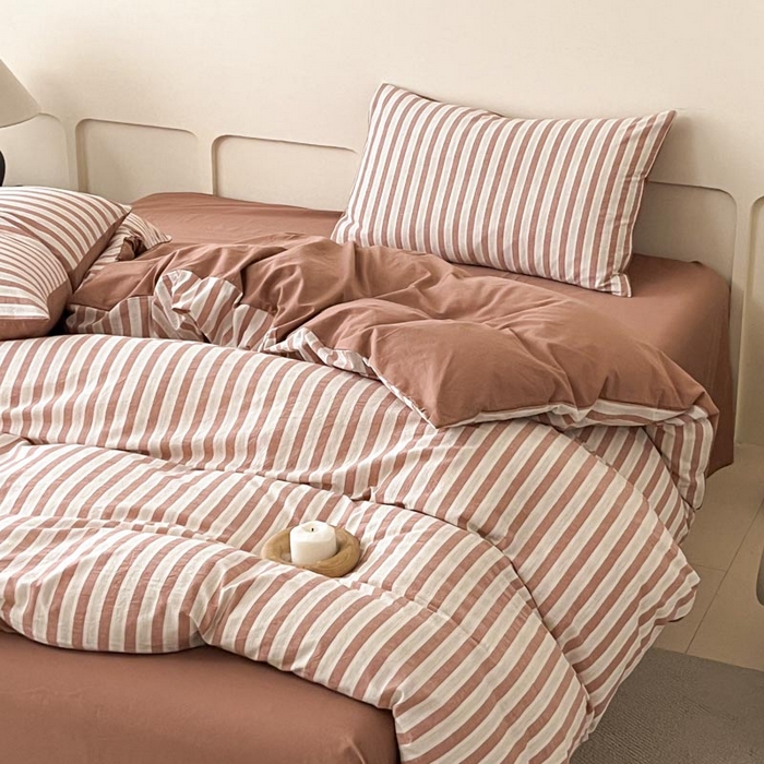 91家纺网 家纺一手货源 找家纺 ab家纺 2024新款色织全棉40支水洗棉条纹四件套  天竺棉 番茄红