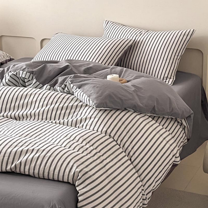 91家纺网 家纺一手货源 找家纺 ab家纺 2024新款色织全棉40支水洗棉条纹四件套  优岸-灰