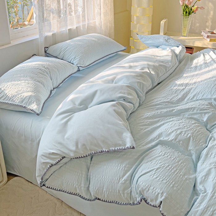 91家纺网 家纺一手货源 找家纺 娜娜 2025新款磨毛水洗棉泡泡纱贝壳边四件套 泡泡纱-湖蓝