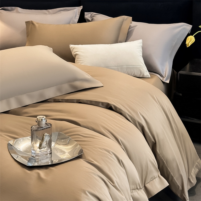 91家纺网 家纺一手货源 找家纺 朵希曼 2025新款纯色贡缎长绒棉系列四件套 棕咖