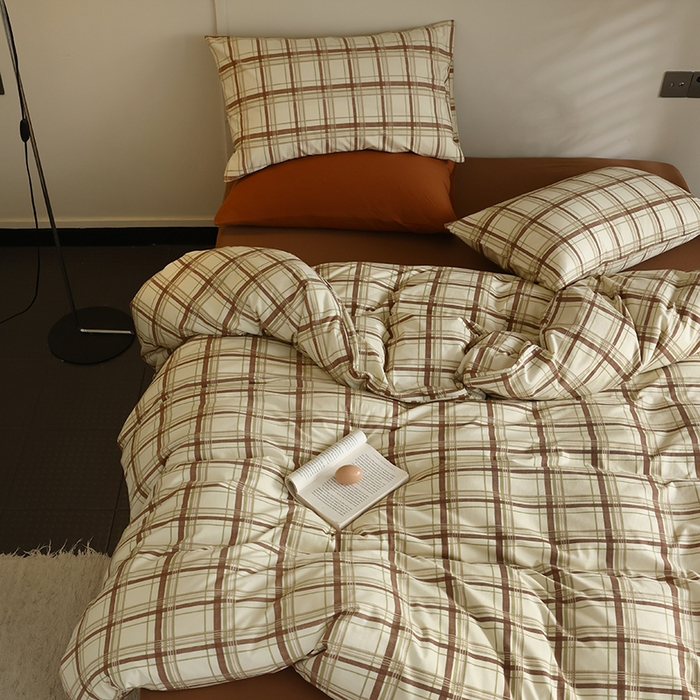 91家纺网 家纺一手货源 找家纺 2025春夏新品母婴A类全棉纯棉针织棉软糯糯清新小碎花床单款四件套 格纹