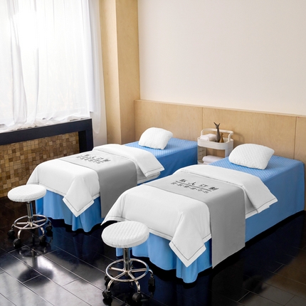 91家纺网 家纺一手货源 找家纺 2024新品四季全棉花边压线系列美-容床罩 全棉压线白+宾利蓝