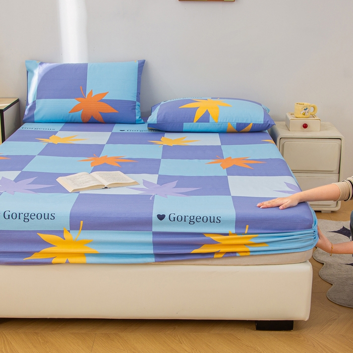 91家纺网 家纺一手货源 找家纺 棉乐町 2025新款五幅段床笠枫叶蓝格