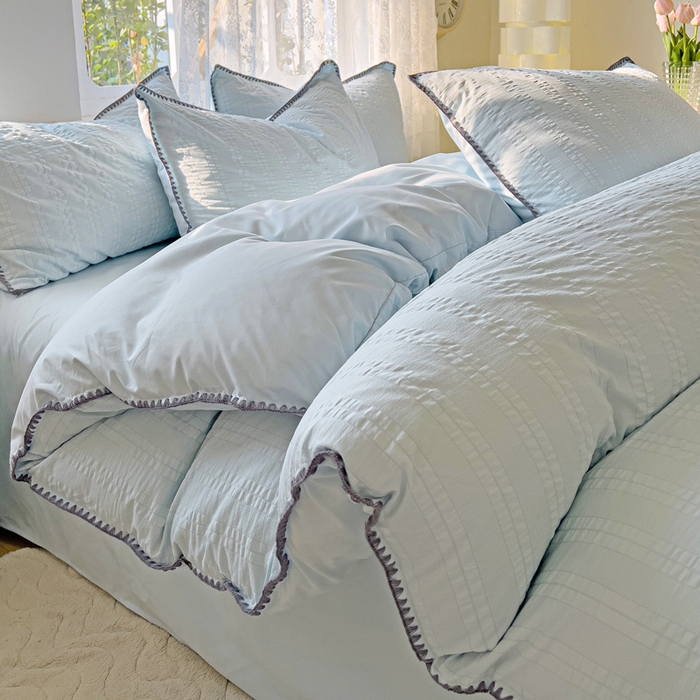 91家纺网 家纺一手货源 找家纺 娜娜 2025新款磨毛水洗棉泡泡纱贝壳边四件套 泡泡纱-湖蓝