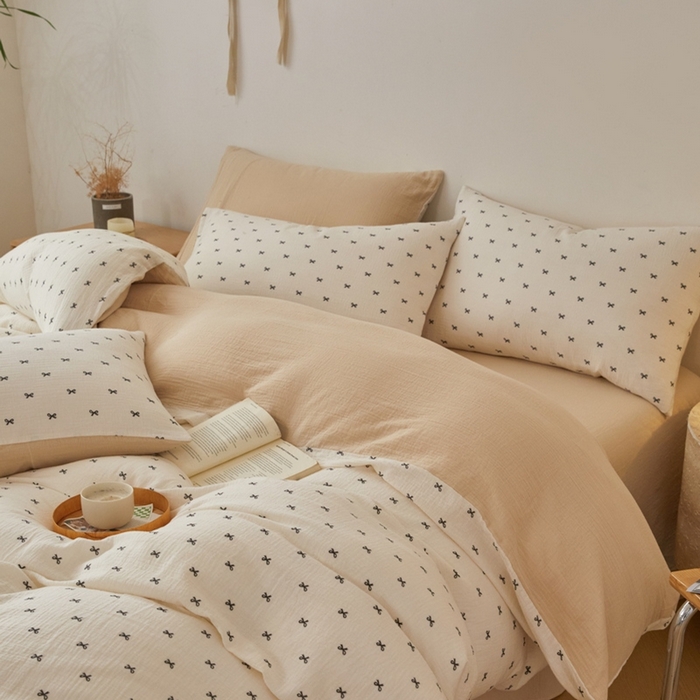 91家纺网 家纺一手货源 找家纺 618家纺 2025新款A类母婴级全棉三层纱皱皱纱纯棉四件套 蝴蝶结米