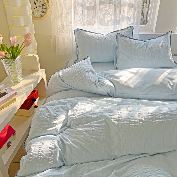 91家纺网 家纺一手货源 找家纺 娜娜 2025新款磨毛水洗棉泡泡纱贝壳边四件套 泡泡纱-湖蓝