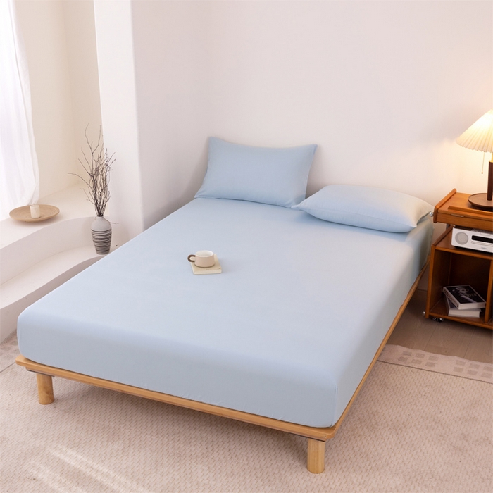 91家纺网 家纺一手货源 找家纺 优迈 2025新款水洗棉亲肤磨毛纯色单品系列单床笠单枕套三件套 浅蓝