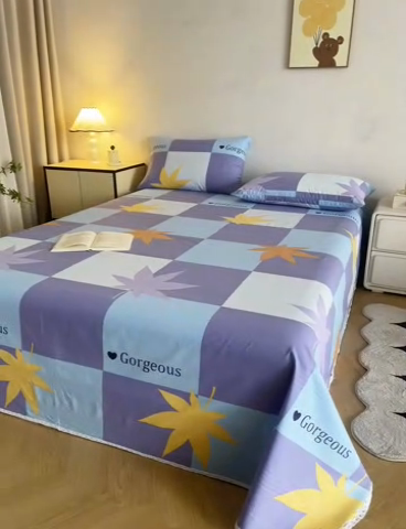 91家纺网 家纺一手货源 找家纺 金泰莱 2025新款五幅段床单 枫叶蓝格