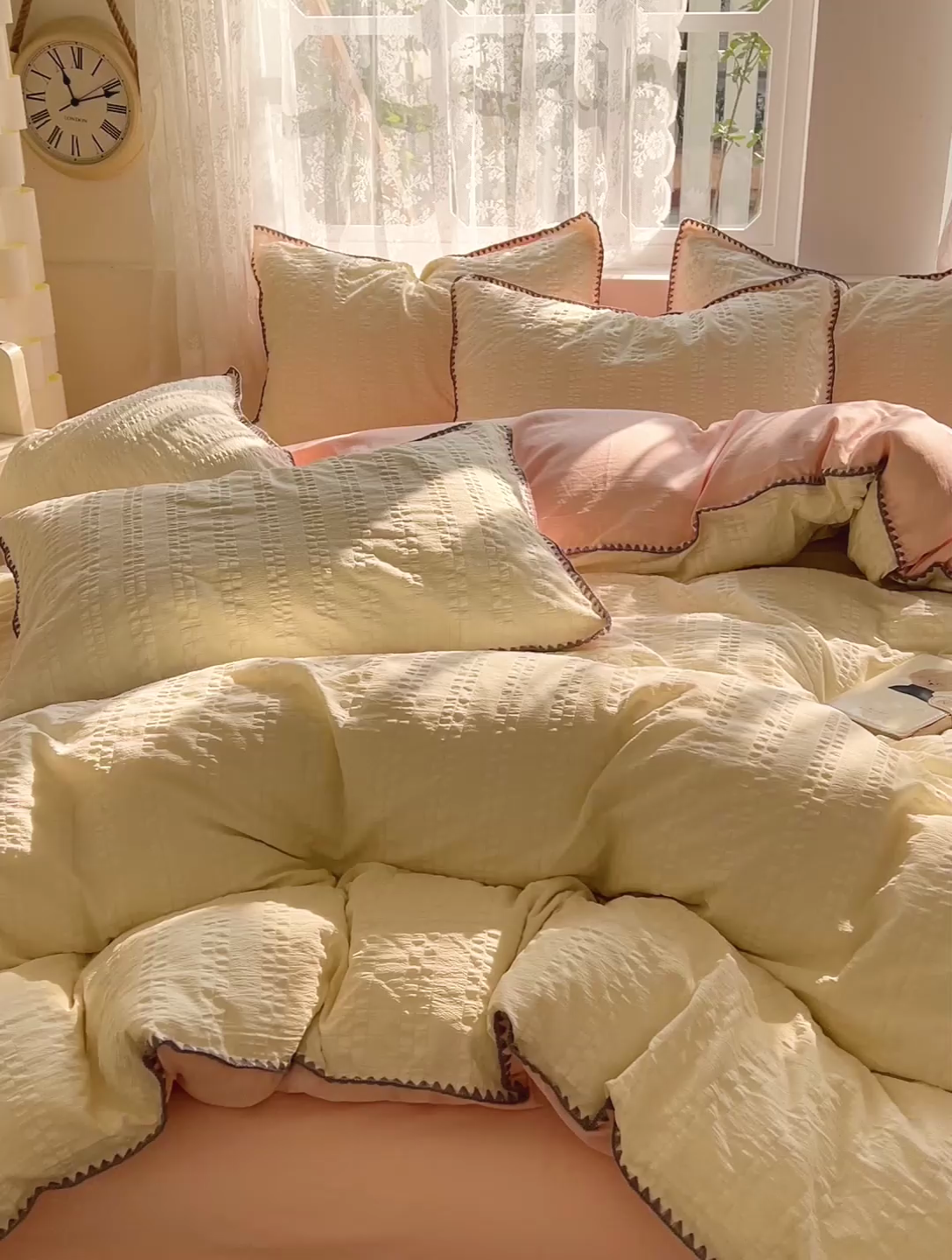 91家纺网 家纺一手货源 找家纺 娜娜 2025新款磨毛水洗棉泡泡纱贝壳边四件套 泡泡纱-奶昔黄