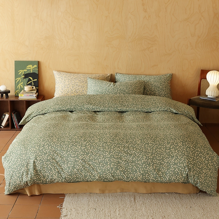 91家纺网 家纺一手货源 找家纺 2025春夏新品母婴A类全棉纯棉针织棉软糯糯清新小碎花床单款四件套 莫奈绿