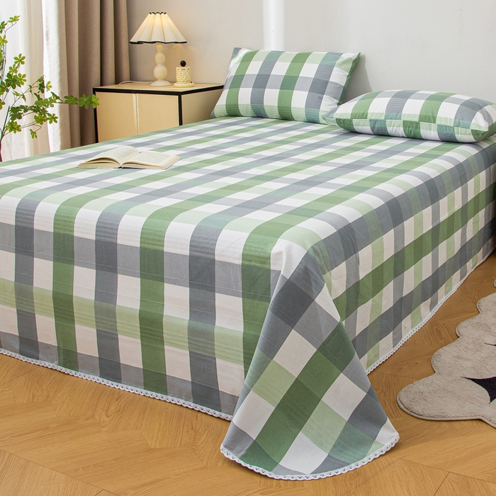 91家纺网 家纺一手货源 找家纺 棉乐町 2025新款五幅段床单 绿白格