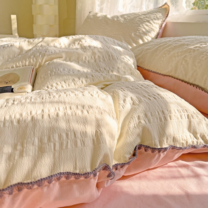 91家纺网 家纺一手货源 找家纺 娜娜 2025新款磨毛水洗棉泡泡纱贝壳边四件套 泡泡纱-奶昔黄