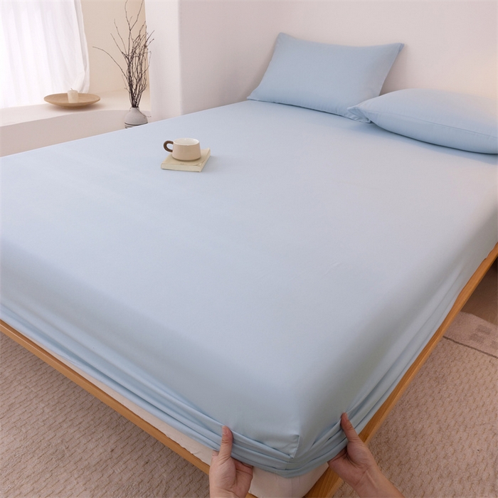 91家纺网 家纺一手货源 找家纺 优迈 2025新款水洗棉亲肤磨毛纯色单品系列单床笠单枕套三件套 浅蓝