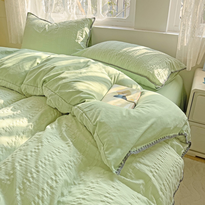 91家纺网 家纺一手货源 找家纺 娜娜 2025新款磨毛水洗棉泡泡纱贝壳边四件套 泡泡纱-果绿