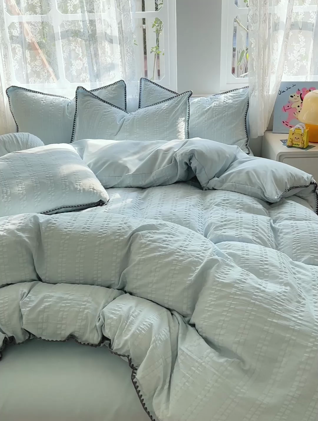 91家纺网 家纺一手货源 找家纺 娜娜 2025新款磨毛水洗棉泡泡纱贝壳边四件套 泡泡纱-湖蓝