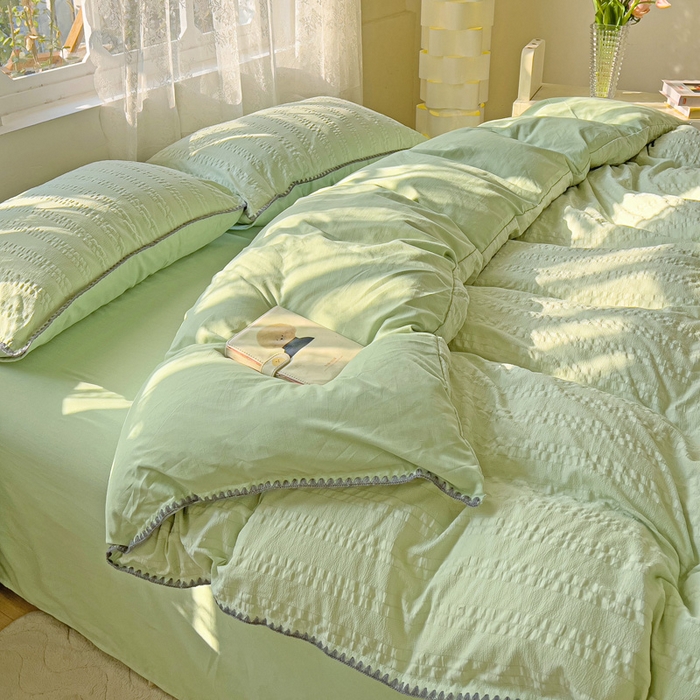 91家纺网 家纺一手货源 找家纺 娜娜 2025新款磨毛水洗棉泡泡纱贝壳边四件套 泡泡纱-果绿