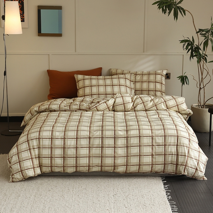 91家纺网 家纺一手货源 找家纺 2025春夏新品母婴A类全棉纯棉针织棉软糯糯清新小碎花床单款四件套 格纹