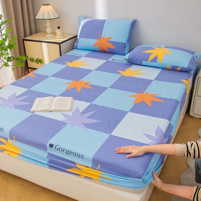 91家纺网 家纺一手货源 找家纺 首爱 2025新款五幅段床笠 枫叶蓝格