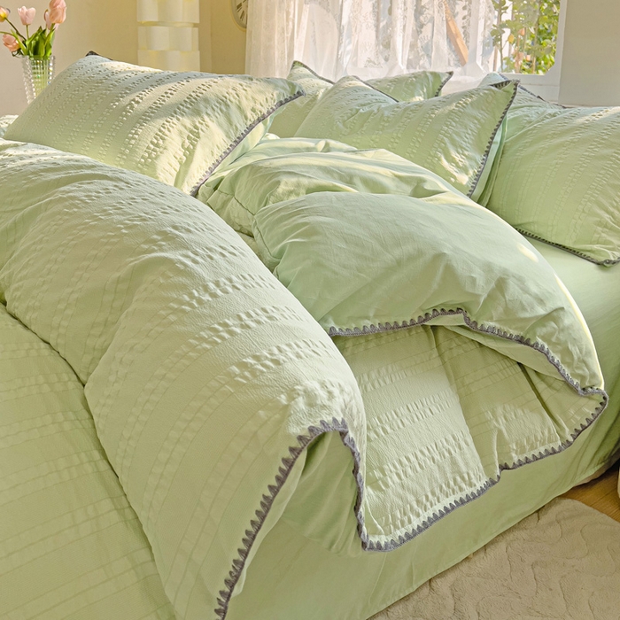 91家纺网 家纺一手货源 找家纺 娜娜 2025新款磨毛水洗棉泡泡纱贝壳边四件套 泡泡纱-果绿