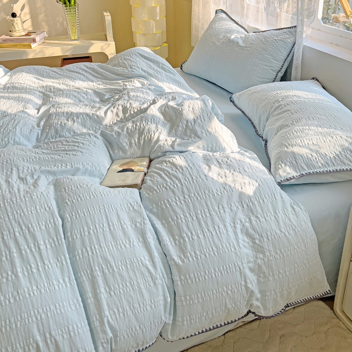 91家纺网 家纺一手货源 找家纺 娜娜 2025新款磨毛水洗棉泡泡纱贝壳边四件套 泡泡纱-湖蓝