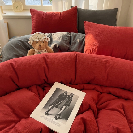 91家纺网 家纺一手货源 找家纺 阿曼达 2025新款ins博主风纯色混搭双色水洗m四件套 双色水洗m-红灰