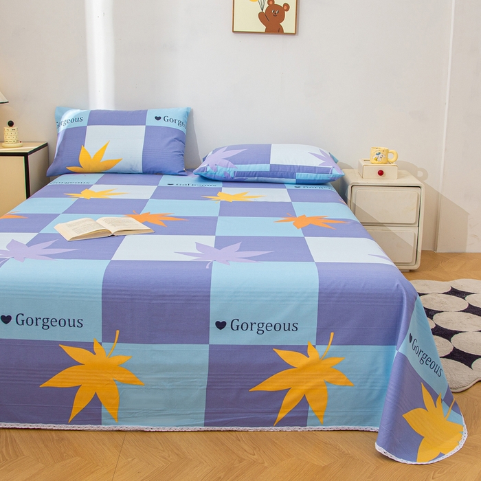 91家纺网 家纺一手货源 找家纺 首爱 2025新款五幅段床单 枫叶蓝格