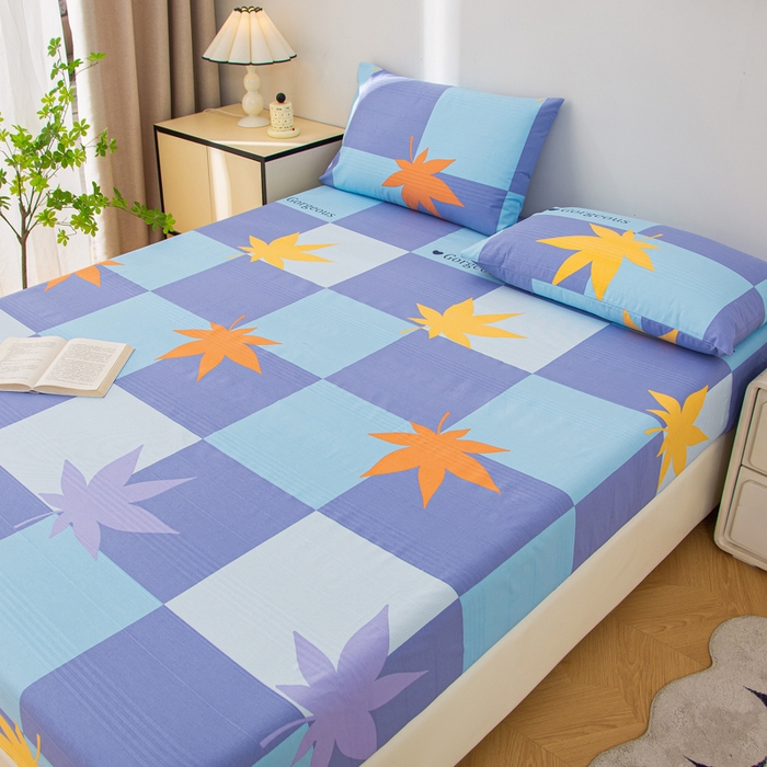 91家纺网 家纺一手货源 找家纺 首爱 2025新款五幅段床笠 枫叶蓝格