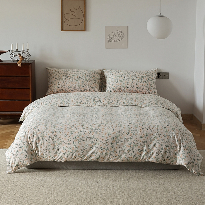 91家纺网 家纺一手货源 找家纺 2025春夏新品母婴A类全棉纯棉针织棉软糯糯清新小碎花床单款四件套 清风