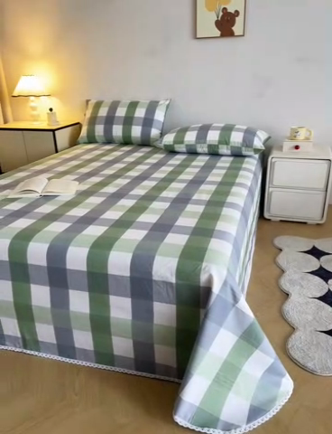 91家纺网 家纺一手货源 找家纺 金泰莱 2025新款五幅段床单 绿白格