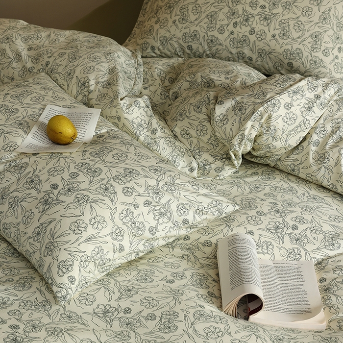 91家纺网 家纺一手货源 找家纺 2025春夏新品母婴A类全棉纯棉针织棉软糯糯清新小碎花床单款四件套 春晓绿