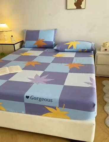 91家纺网 家纺一手货源 找家纺 首爱 2025新款五幅段床笠 枫叶蓝格