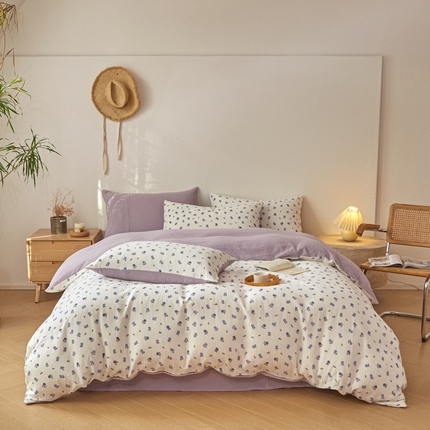 618家纺 2025新款A类母婴级全棉三层纱皱皱纱纯棉四件套 小蓝花