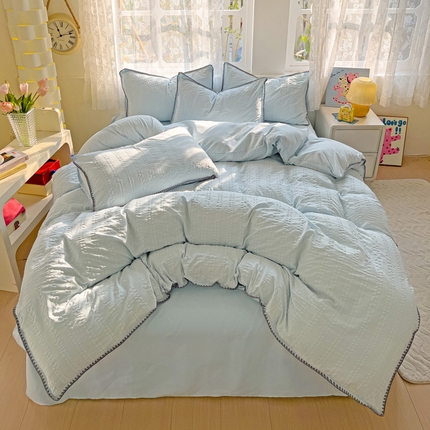 娜娜 2025新款磨毛水洗棉泡泡纱贝壳边四件套 泡泡纱-湖蓝