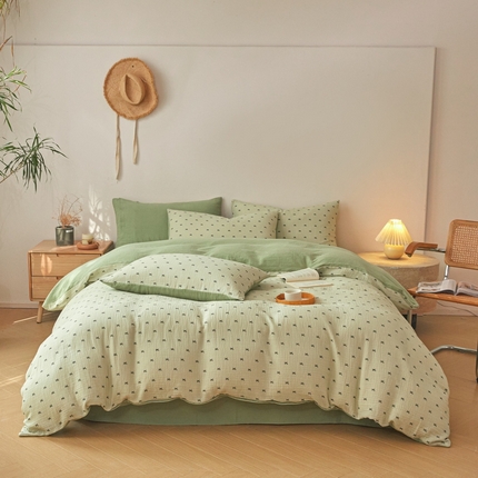 618家纺 2025新款A类母婴级全棉三层纱皱皱纱纯棉四件套 蝴蝶结绿