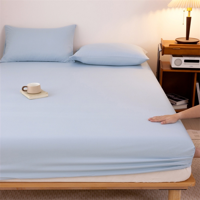 91家纺网 家纺一手货源 找家纺 优迈 2025新款水洗棉亲肤磨毛纯色单品系列单床笠单枕套三件套 浅蓝