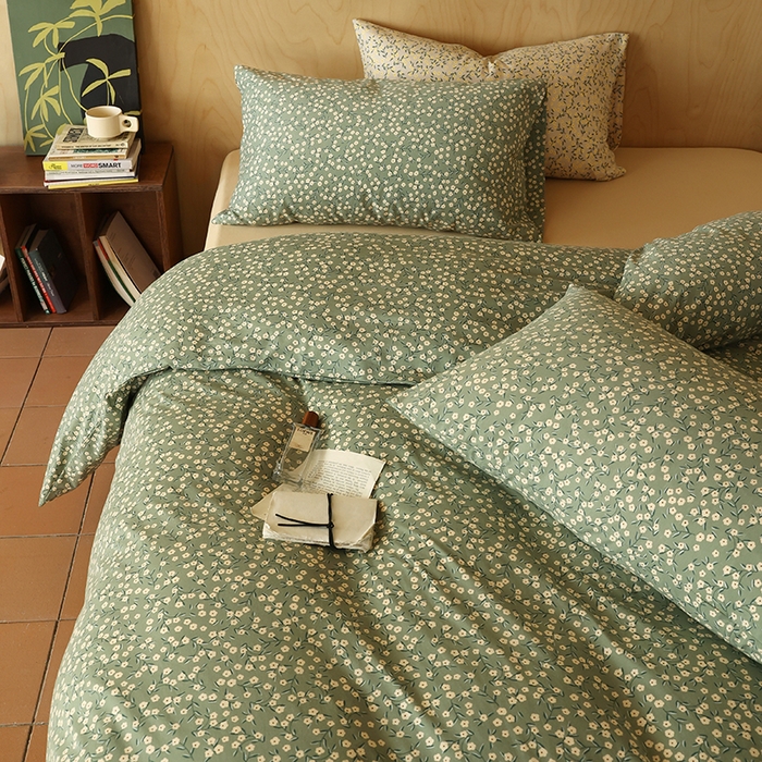 91家纺网 家纺一手货源 找家纺 2025春夏新品母婴A类全棉纯棉针织棉软糯糯清新小碎花床单款四件套 莫奈绿