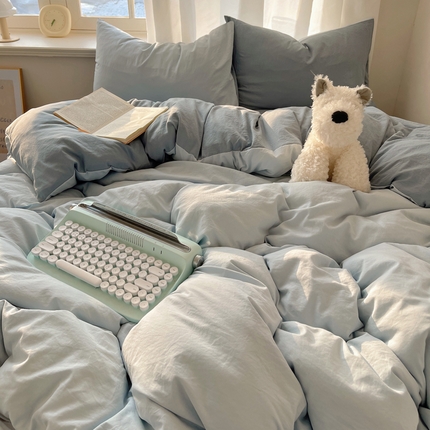 91家纺网 家纺一手货源 找家纺 阿曼达 2025新款ins博主风纯色混搭双色水洗m四件套 双色水洗m-天蓝雾