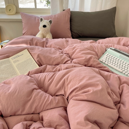 91家纺网 家纺一手货源 找家纺 阿曼达 2025新款ins博主风纯色混搭双色水洗m四件套 双色水洗m-雾粉灰