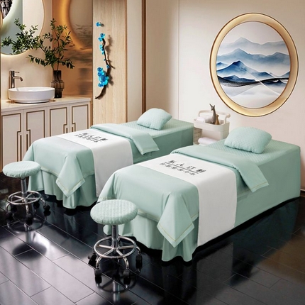 91家纺网 家纺一手货源 找家纺 2024新品四季全棉花边压线系列美-容床罩 全棉压线水波绿