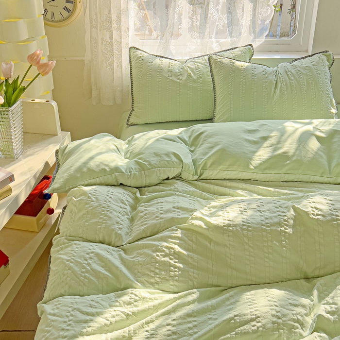 91家纺网 家纺一手货源 找家纺 娜娜 2025新款磨毛水洗棉泡泡纱贝壳边四件套 泡泡纱-果绿