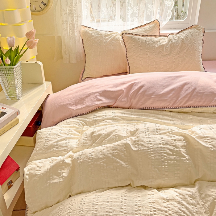 91家纺网 家纺一手货源 找家纺 娜娜 2025新款磨毛水洗棉泡泡纱贝壳边四件套 泡泡纱-奶昔黄