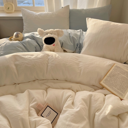 91家纺网 家纺一手货源 找家纺 阿曼达 2025新款ins博主风纯色混搭双色水洗m四件套 双色水洗m-白蓝