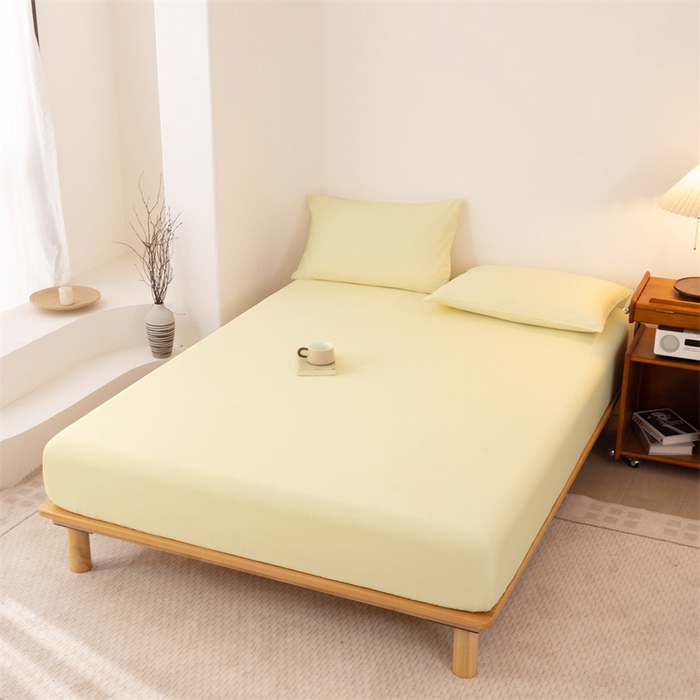 91家纺网 家纺一手货源 找家纺 优迈 2025新款水洗棉亲肤磨毛纯色单品系列单床笠单枕套三件套 芝士