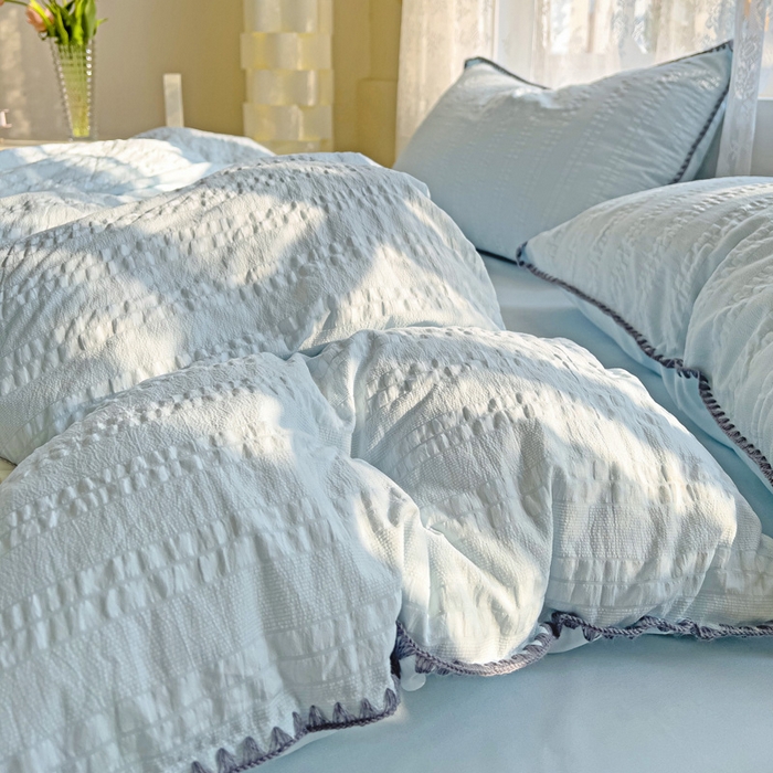 91家纺网 家纺一手货源 找家纺 娜娜 2025新款磨毛水洗棉泡泡纱贝壳边四件套 泡泡纱-湖蓝